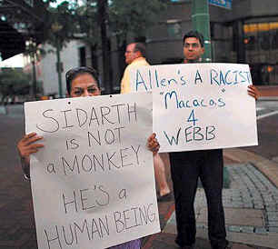 In Norfolk on Wednesday, Jagdish A. Singh, left, and Gogol Ganguli express opposition toward Sen. George Allen over a remark about an Indian-American member of his rival's campaign. Singh, a community leader, said, ''I'm so mad!''
 
 
 
 
 
 
 
 
 
 
